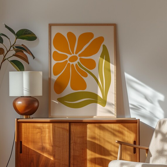 Orange Wavy Daisy with Green Leaves Autumn Retro Flower Poster for Cozy Living Rooms
