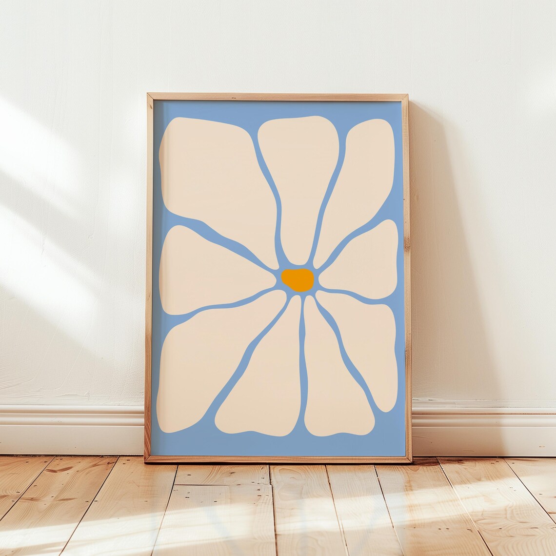 Abstract Daisy 70s Retro Flower Cream Petal Sky Blue Art Poster