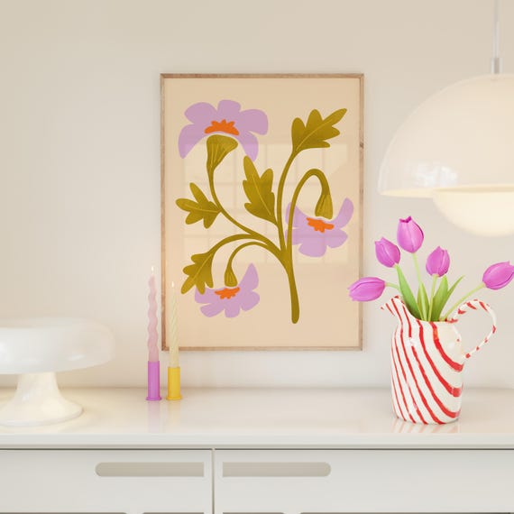 Whimsical Spring Floral Art Print Dainty Purple Flowers Cottage Core Poster Nature Inspired Matisse Home Decor