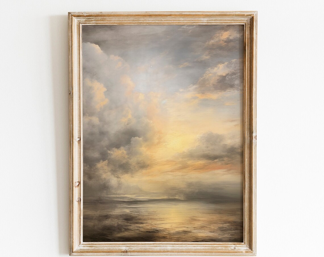 Golden Cloudy Sunset Over Calm Sea Moody Ocean Painting Print - Image 3