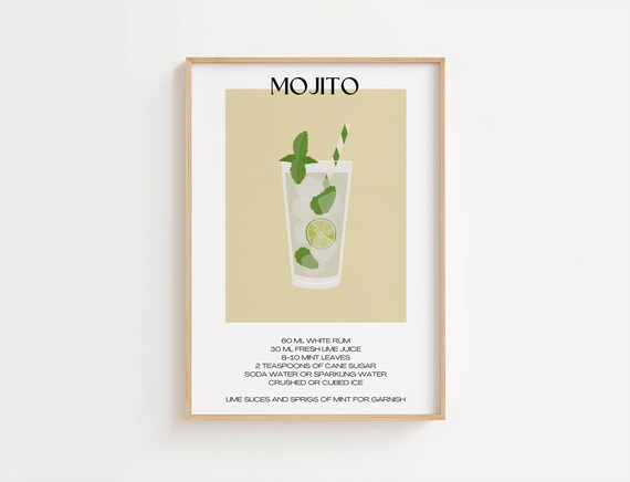 Mojito Recipe Minimalist Mint Lime Cocktail Kitchen Bar Poster