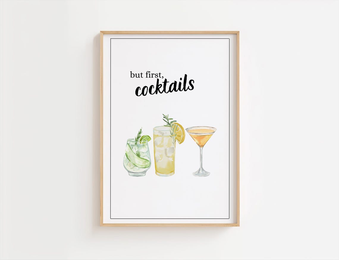 But First Cocktails Watercolor Minimalist Home Bar Cart Poster