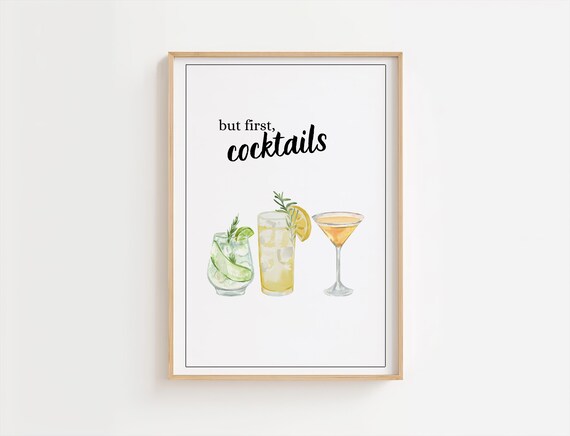 But First Cocktails Watercolor Minimalist Home Bar Cart Poster