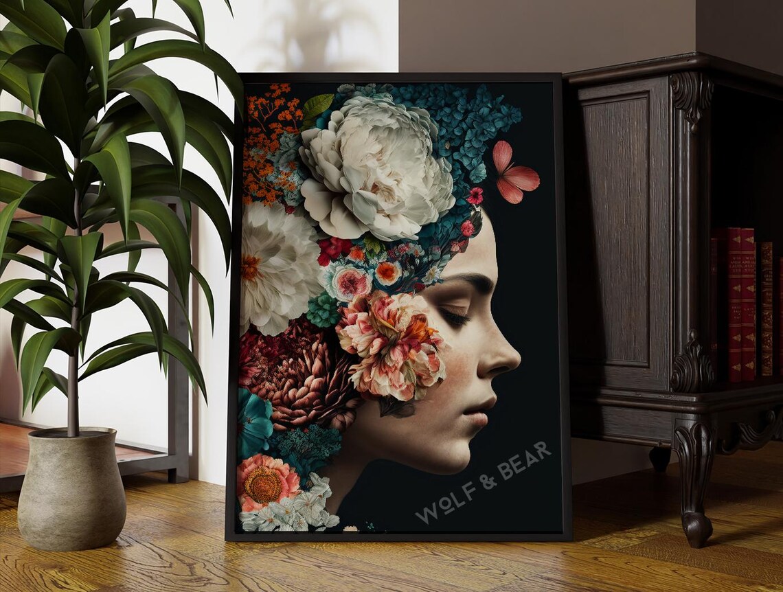 Dark Floral Fashion Portrait Woman With Flowers Vintage Poster