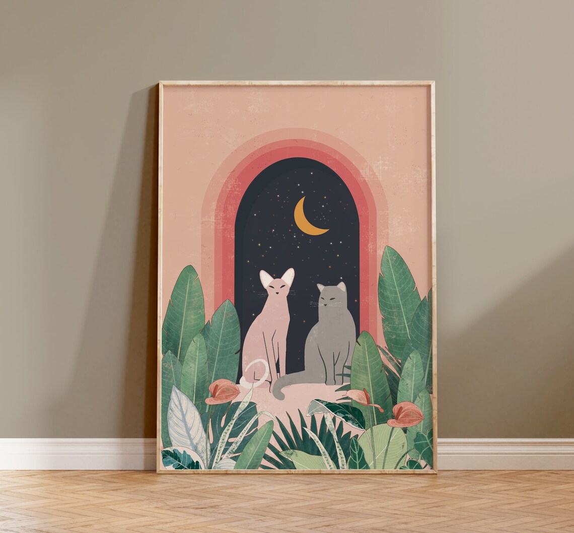 Cats and Tropical Plants Boho Poster, La Luna Art