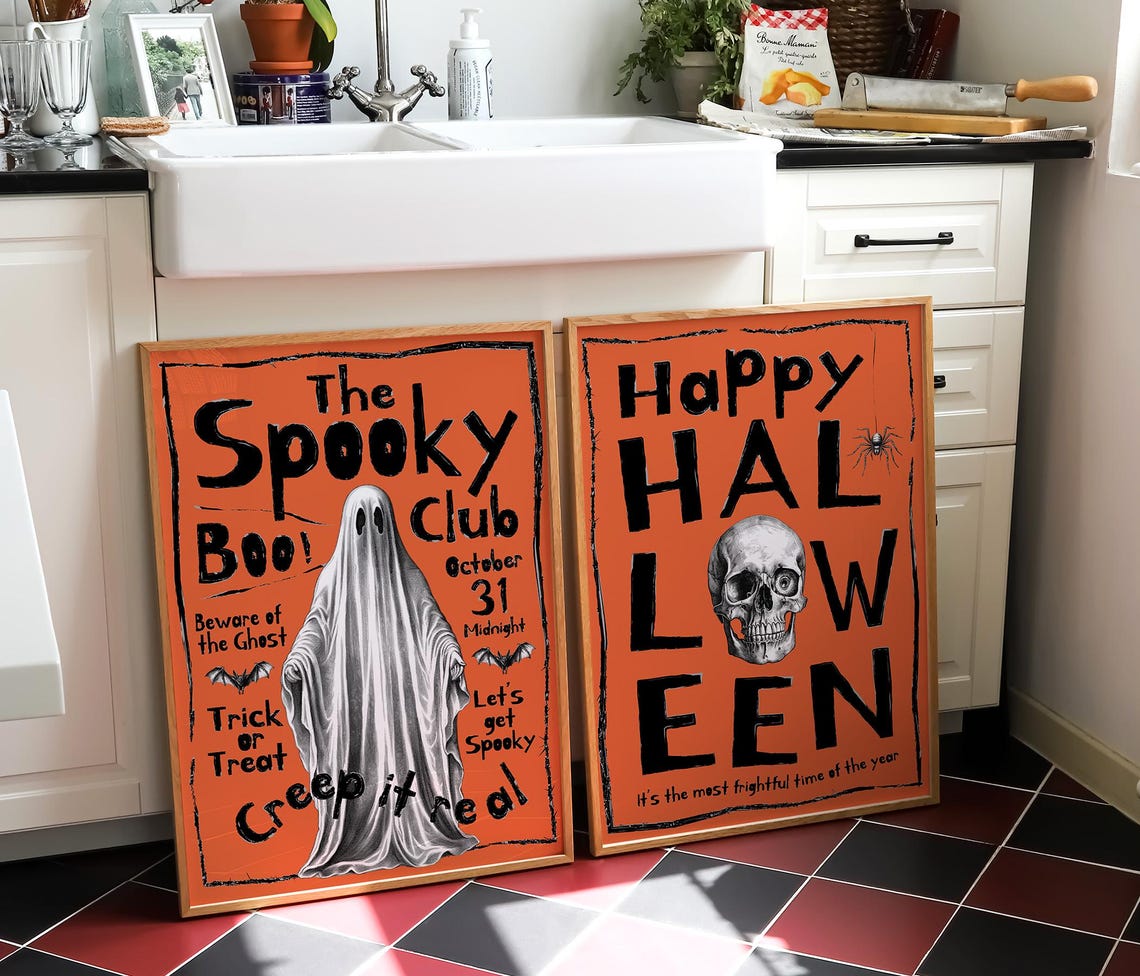 Happy Halloween Skull And Spider Bold Orange Spooky Wall Art - Image 2