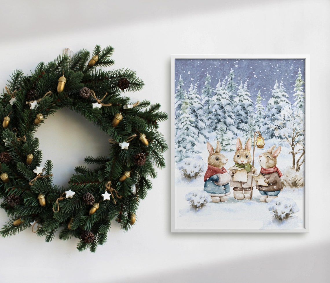 Three Bunny Carolers Singing In A Snowy Winter Forest Wall Art - Image 4