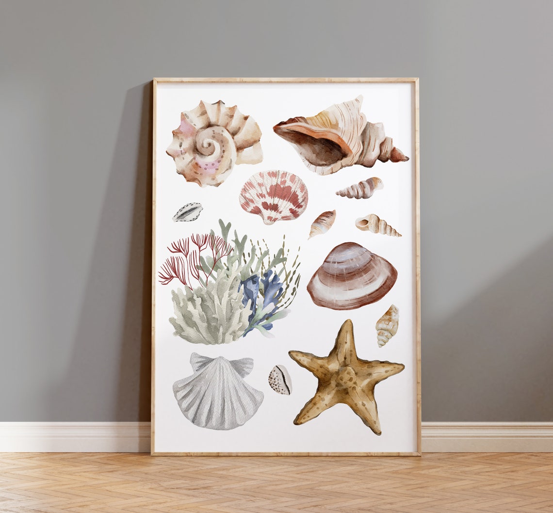 Warm Neutral Watercolor Sea Shells Starfish Coral Beach Wall Art