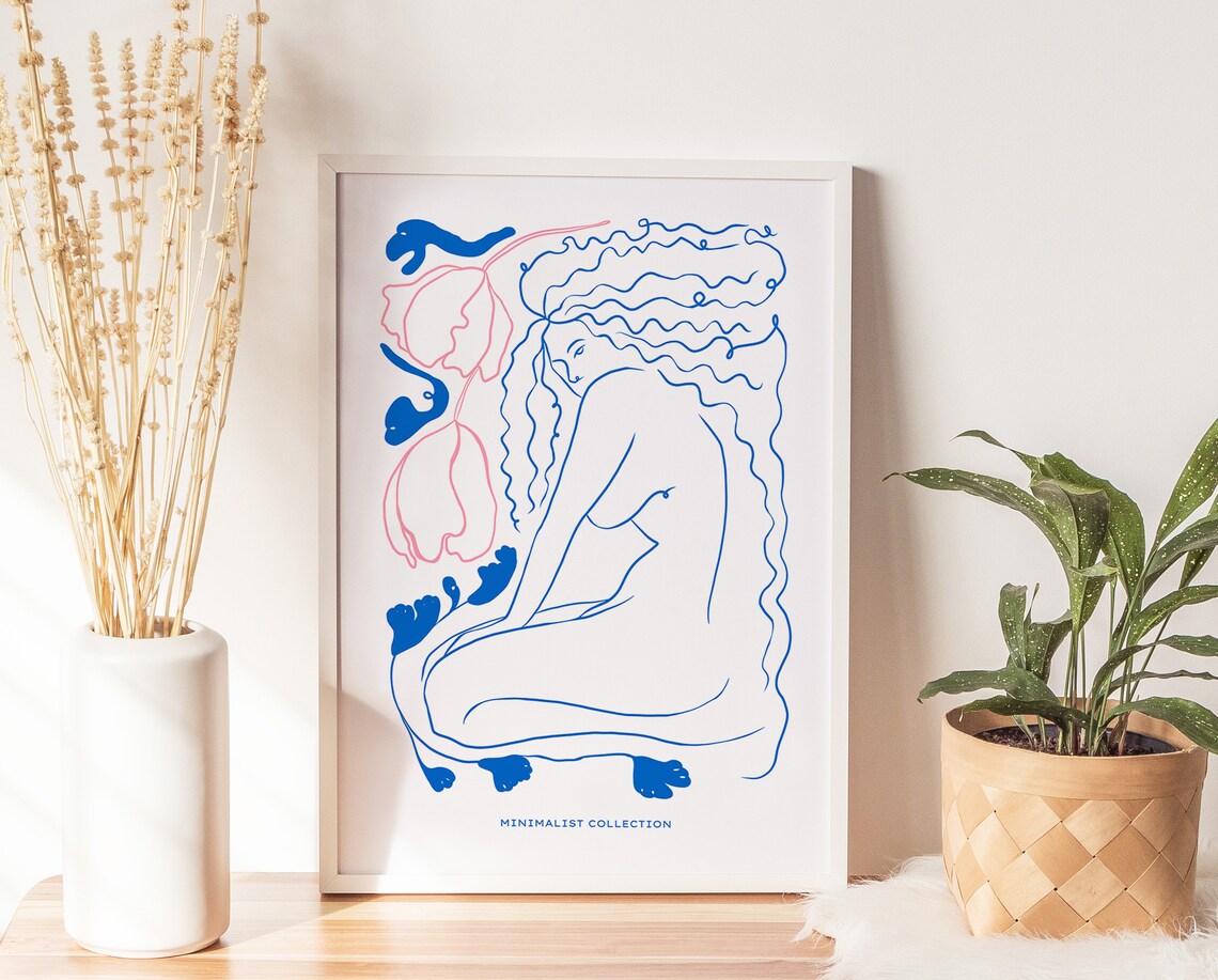 Minimalist Woman Line Drawing Blue Pink Floral Abstract Art Poster - Image 3