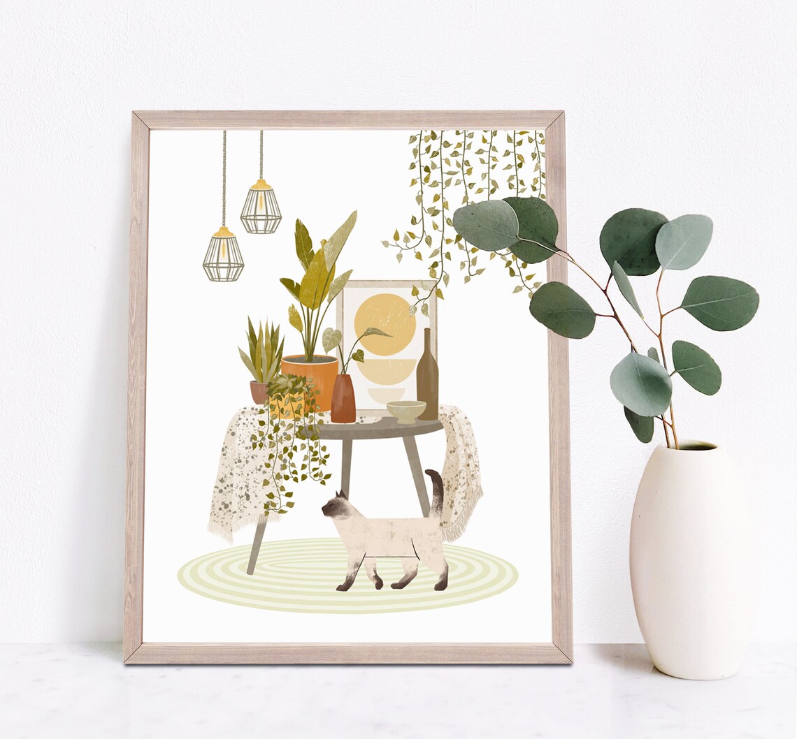 Boho Plants With Siamese Cat, Cat Art Print - Image 4