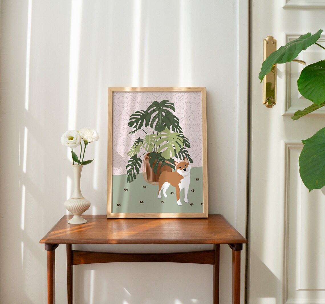 Shiba and Monstera Art Print, Dog Lover Decor - Image 2