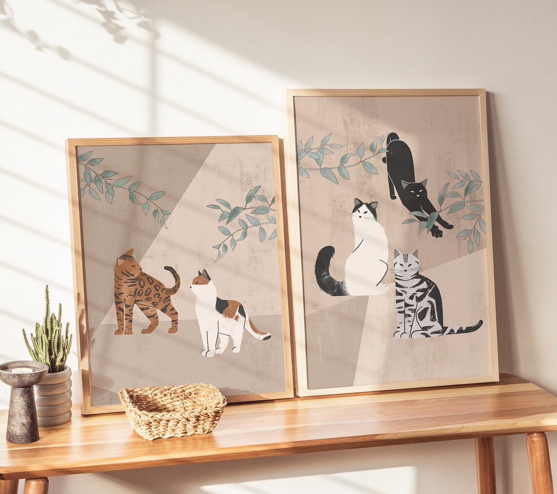 Cats and Plant Illustration, Boho Cat Poster - Image 3