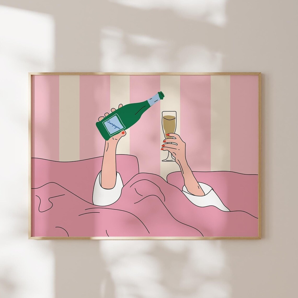 Wine In Bed Art Print, Pink Bar Cart Decor