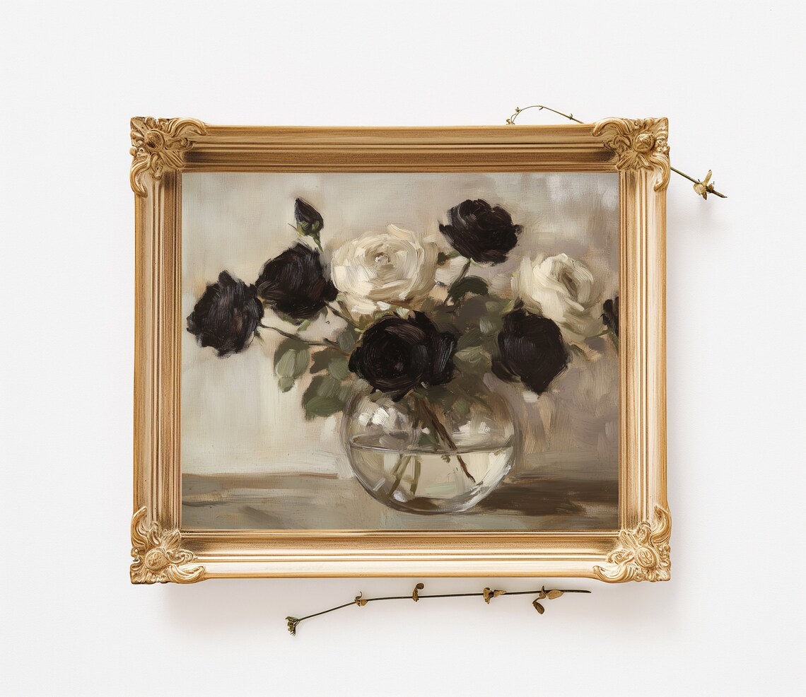 Black White Roses Glass Vase Dramatic Floral Still Life Art Poster - Image 2