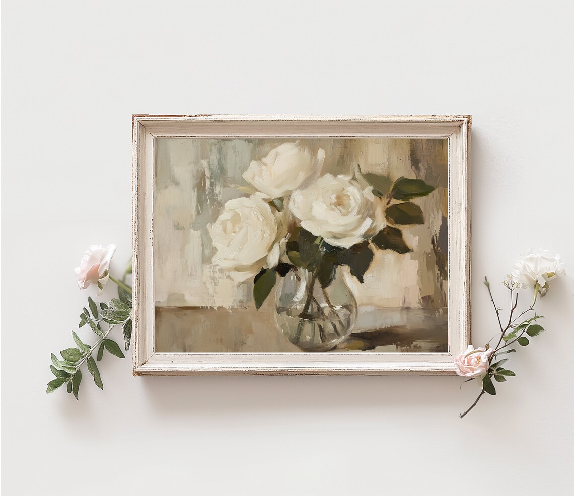 White Roses Glass Vase Muted Floral Still Life Painting Poster