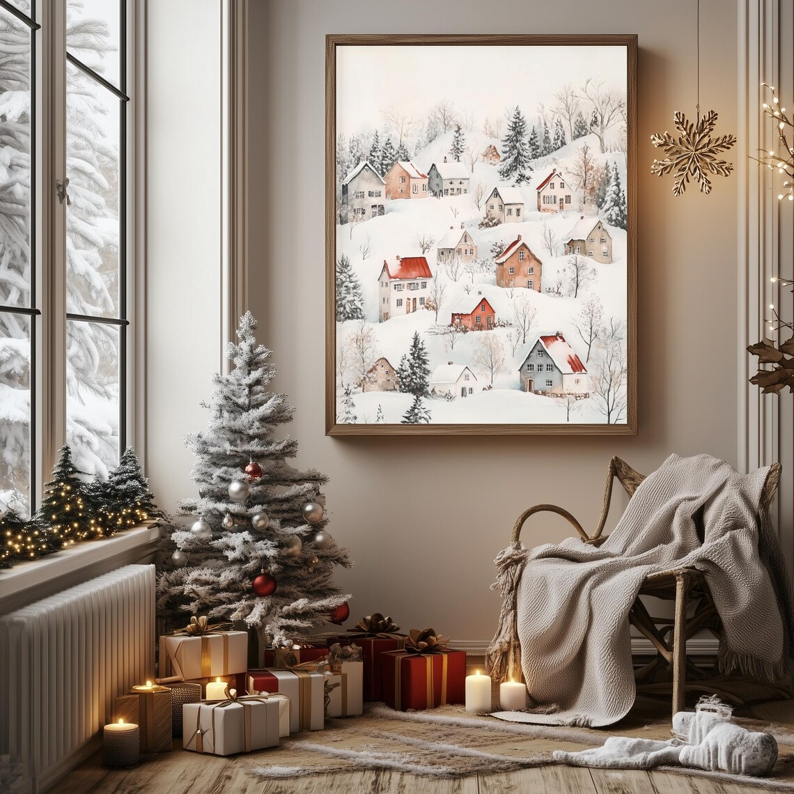 Snowy Hillside Village Red Roof Houses Pines Winter Watercolor Poster - Image 4