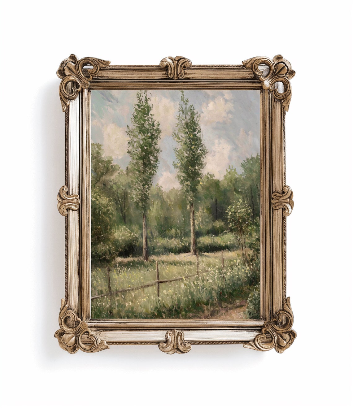 Impressionist Poplar Trees Meadow Painting Fence Vintage Print - Image 3
