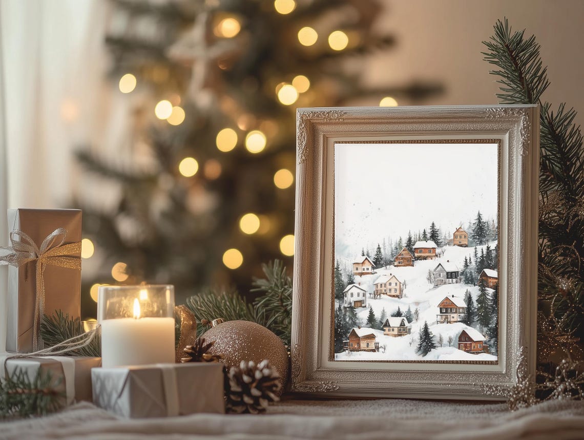 Snowy Village Watercolor Cabins Among Pine Trees Winter Scene Poster - Image 4