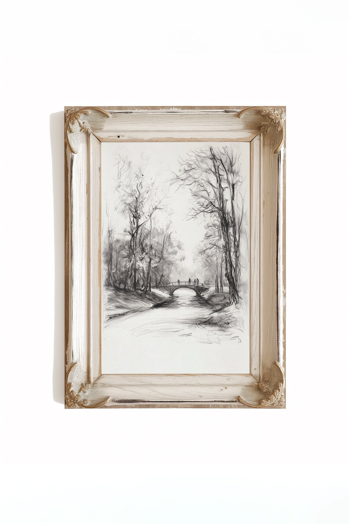 Landscape Sketch Vintage Etching, Bridge and Trees - Image 4