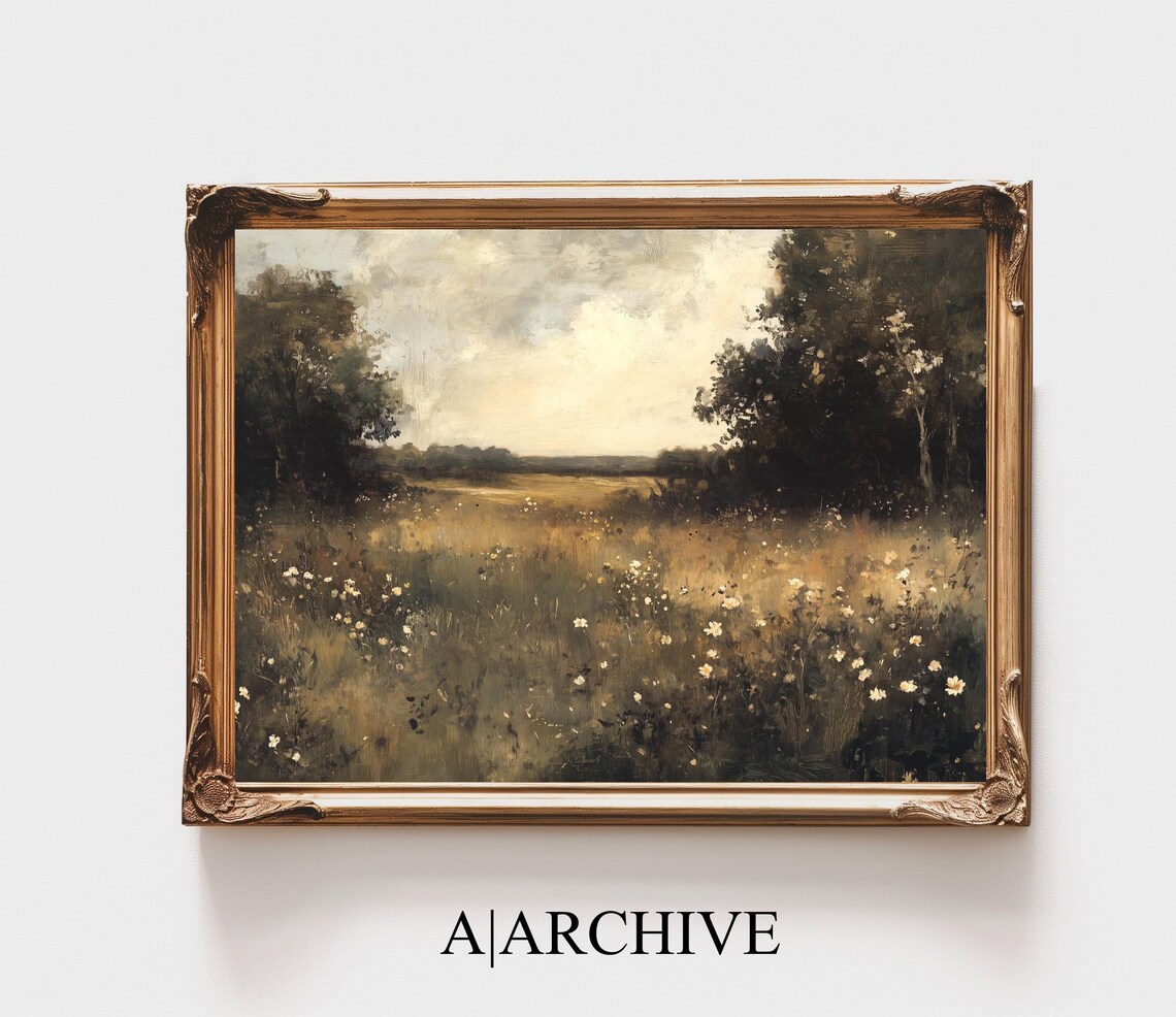 Moody Meadow Trees Dusk Golden Hour Landscape Vintage Art Poster