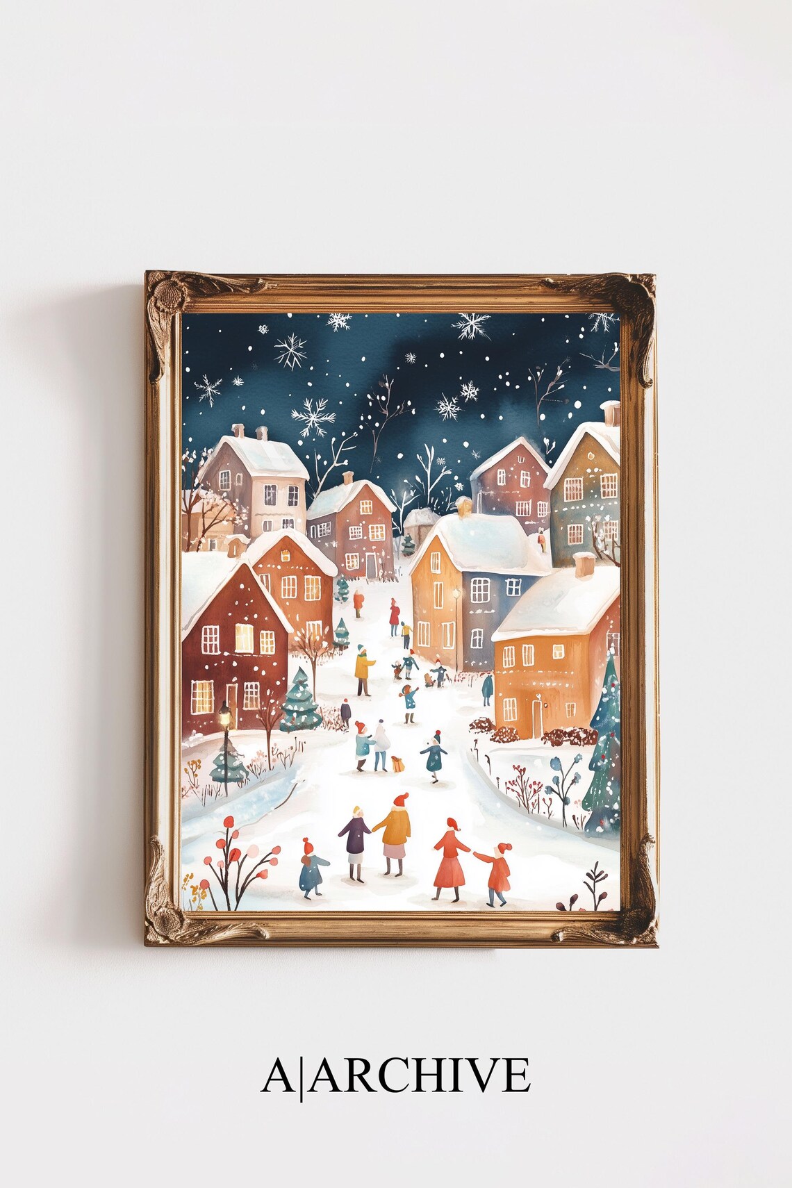Snowy Village Night Scene Watercolor Christmas Town Holiday Poster