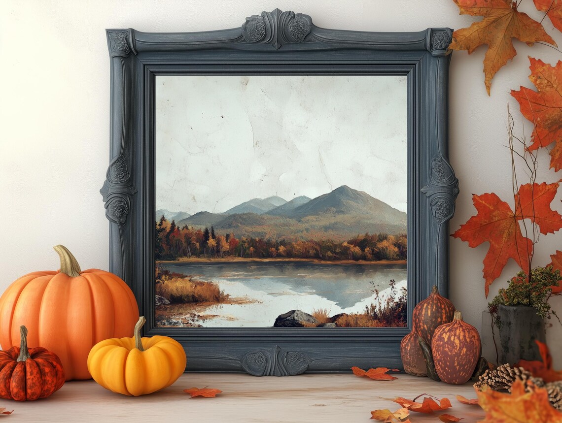 Golden Autumn Trees Blue Mountain Lake Vintage Landscape Poster - Image 3