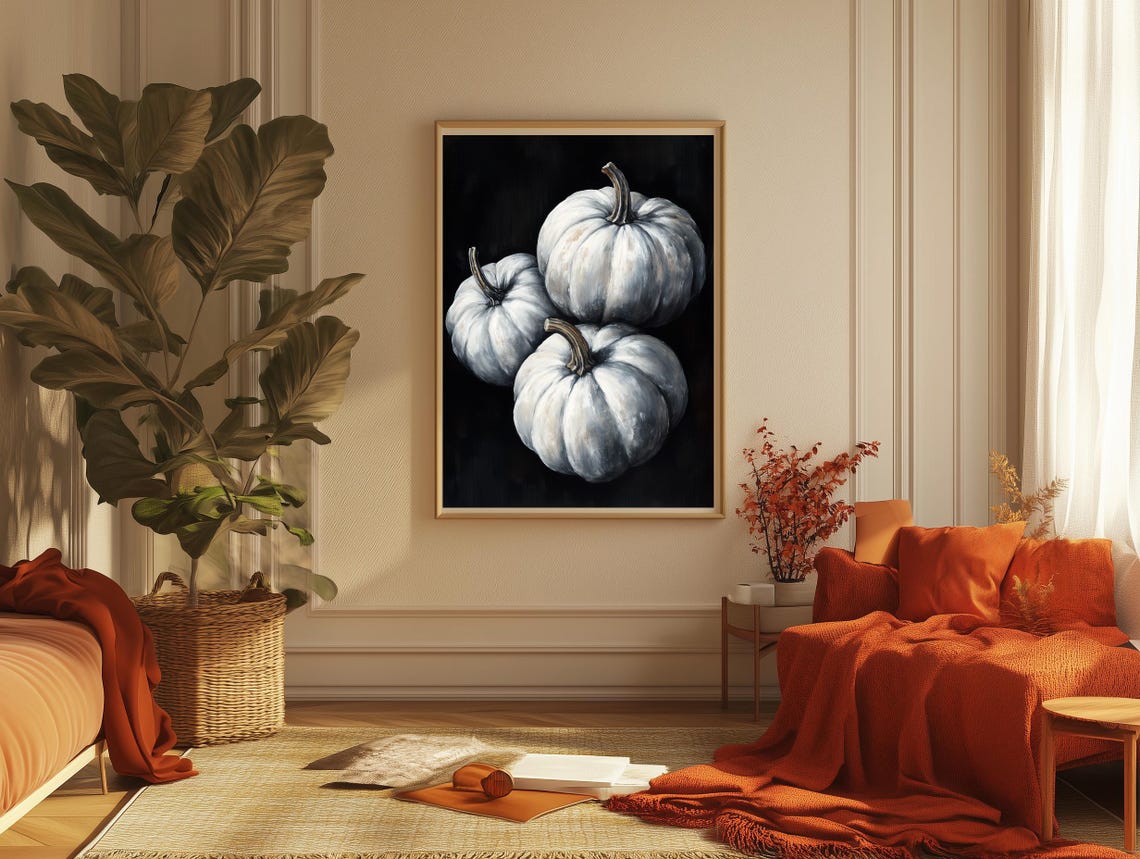 Three White Pumpkins Black Gothic Fall Harvest Still Life Poster - Image 2