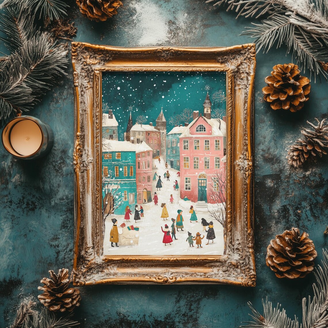 Colorful Winter Village Night Scene Retro Christmas Holiday Poster - Image 2