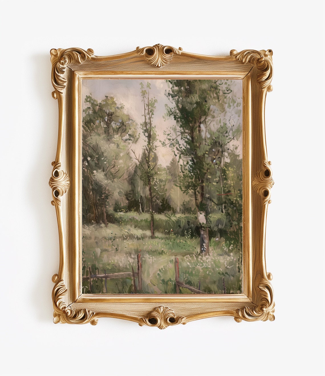 Impressionist Tree Meadow Painting Wooden Fence Vintage Print - Image 2