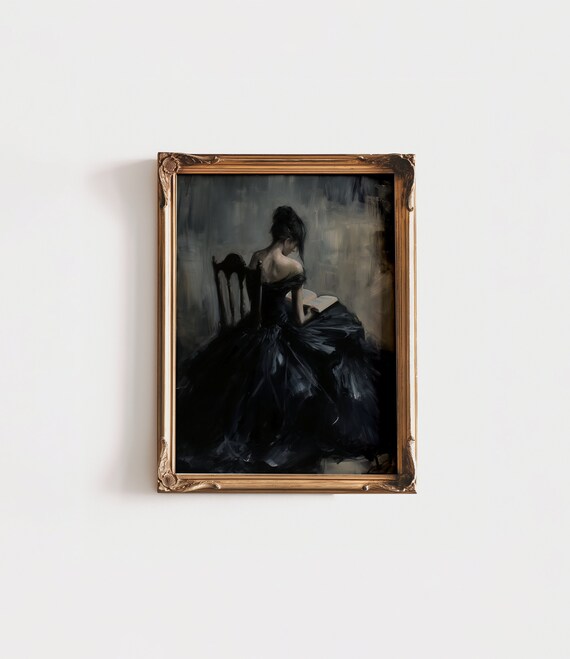Moody Woman Reading Dark Oil Painting Black Dress Vintage Print