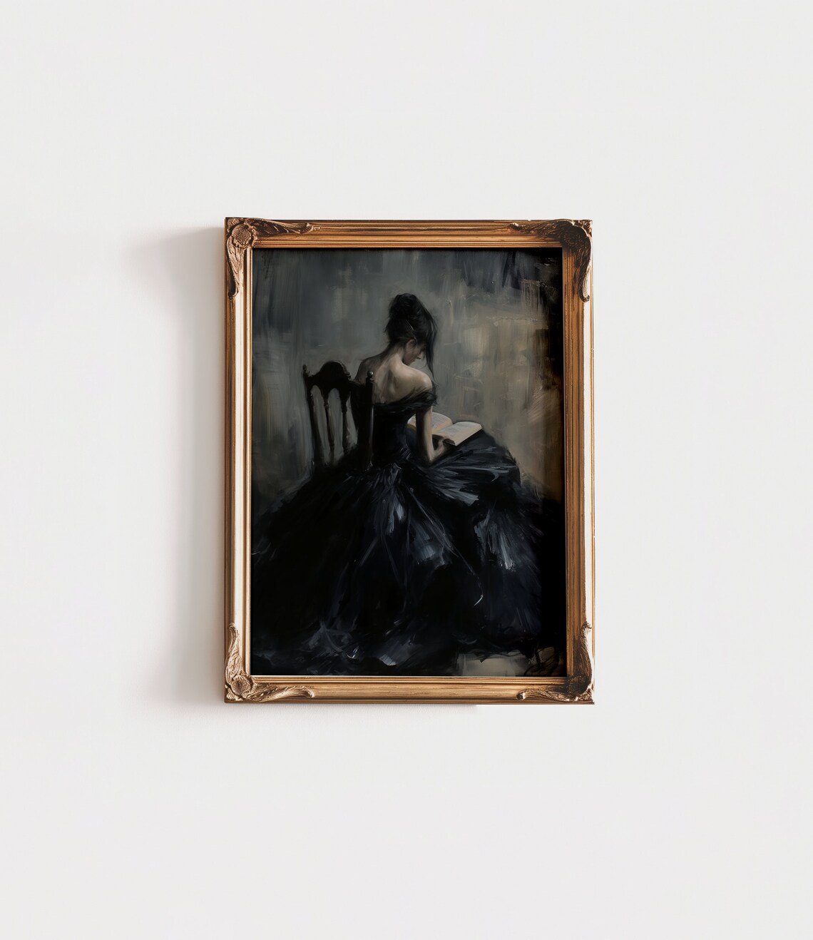 Moody Woman Reading Dark Oil Painting Black Dress Vintage Print