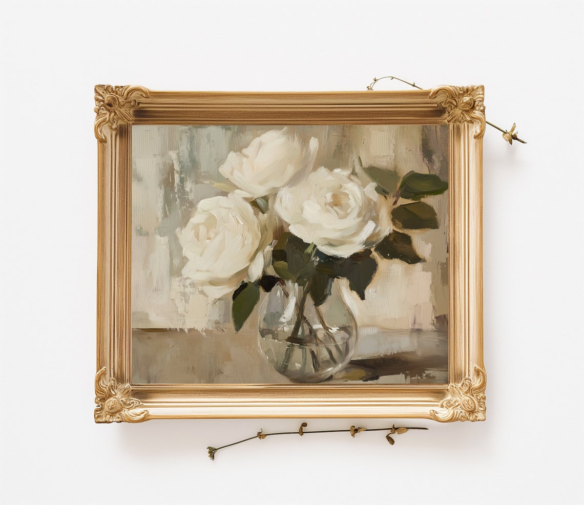 White Roses Glass Vase Muted Floral Still Life Painting Poster - Image 2