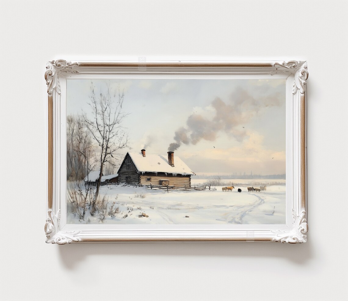 Log Cabin Winter Farm Horses Snowfield Fence Rustic Country Poster