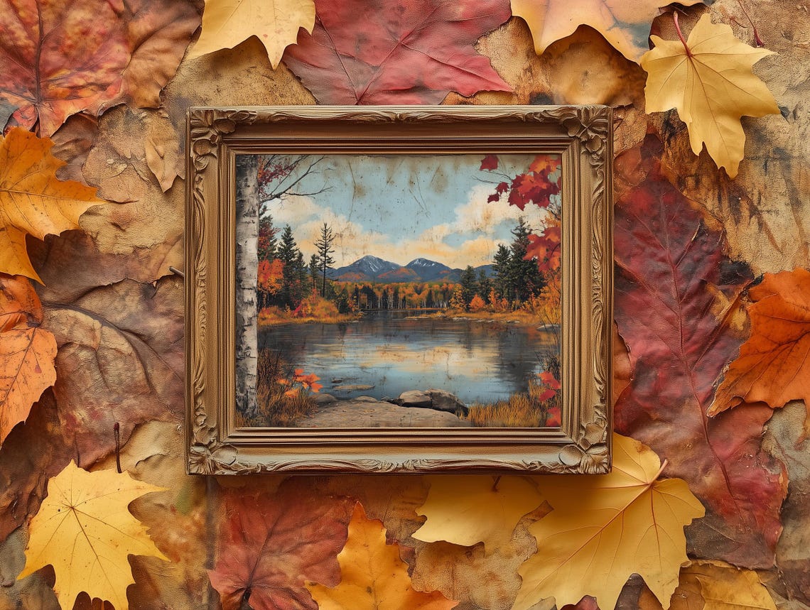 Autumn Mountain Lake Birch Trees Rustic Vintage Scenic Poster - Image 2