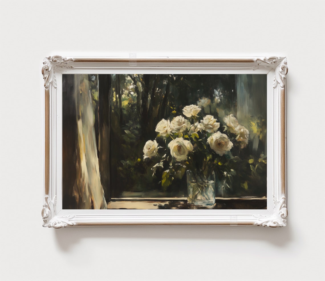 White Roses Vase Window View Dark Forest Moody Floral Art Poster - Image 2