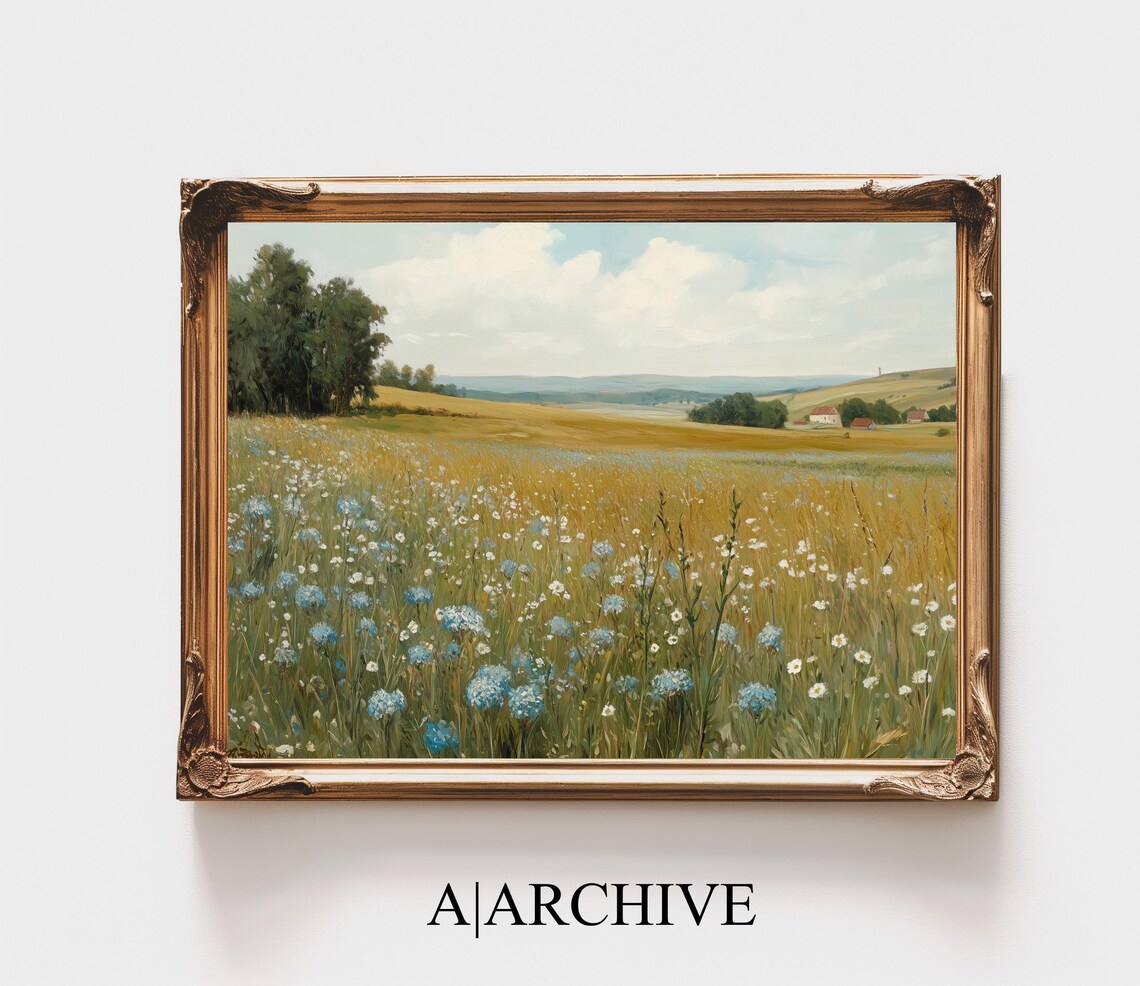 Blue Cornflower Field Country Farmhouse Summer Landscape Poster
