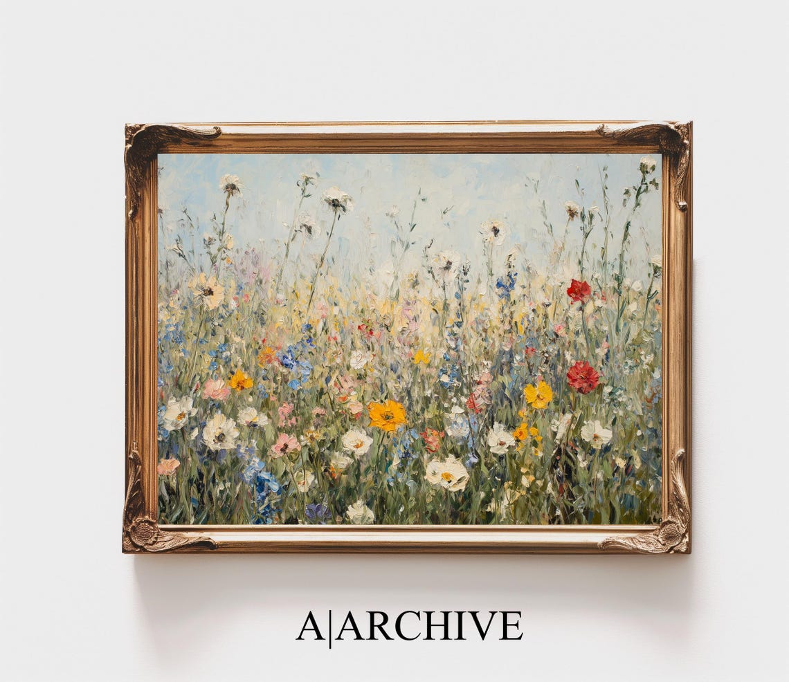 Pink White Wildflower Meadow Impressionist Country Field Poster