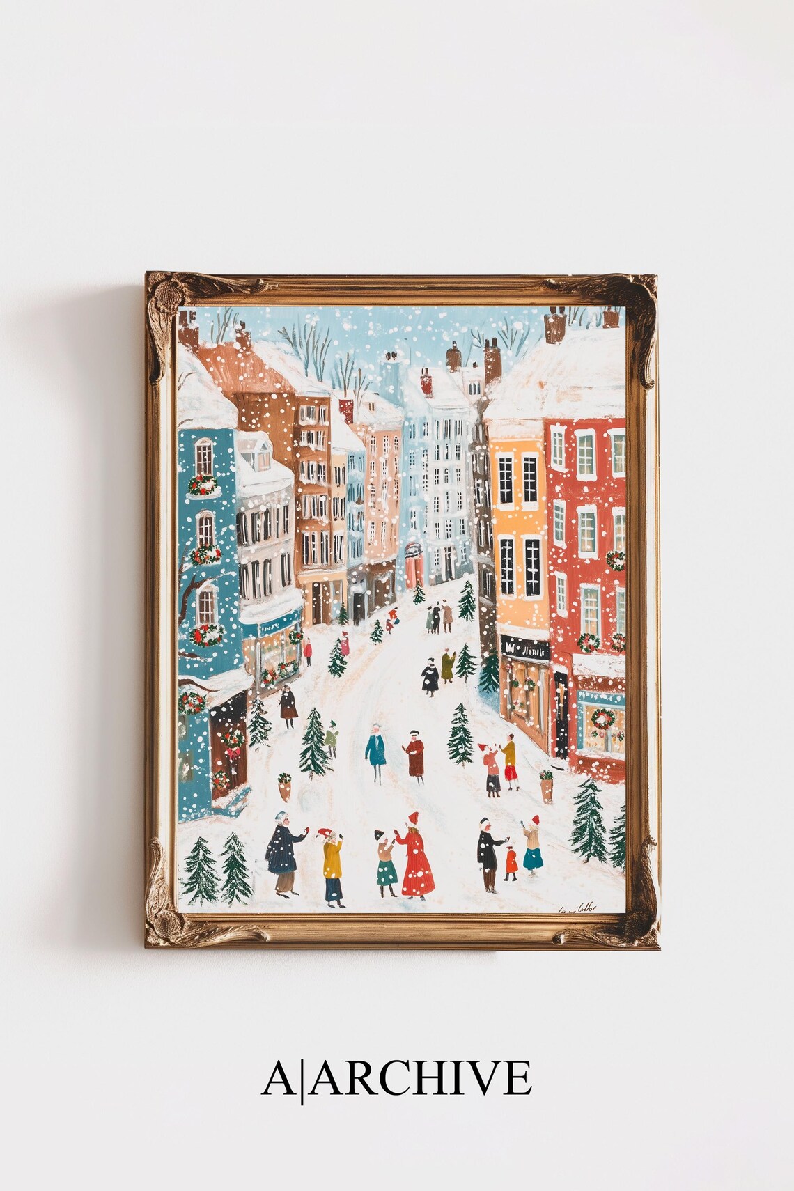 Snowy Christmas Street Shops People Pine Trees Festive Winter Poster