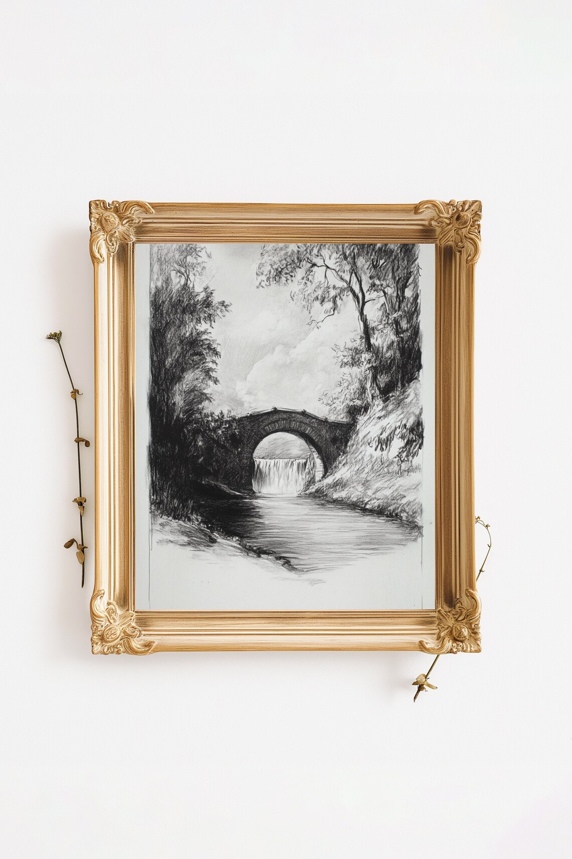 Vintage Etching Landscape Sketch, Bridge And Trees - Image 3