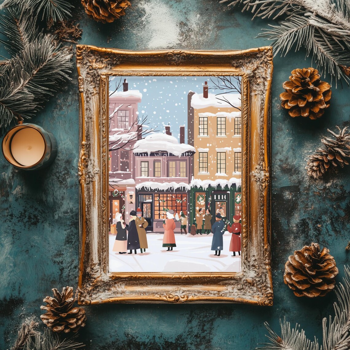 Colorful Retro Christmas Street Decorated Shops Holiday Scene Poster - Image 2