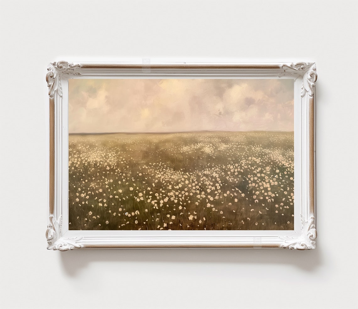 White Wildflower Meadow Hazy Sky Soft Floral Landscape Neutral Poster - Image 2