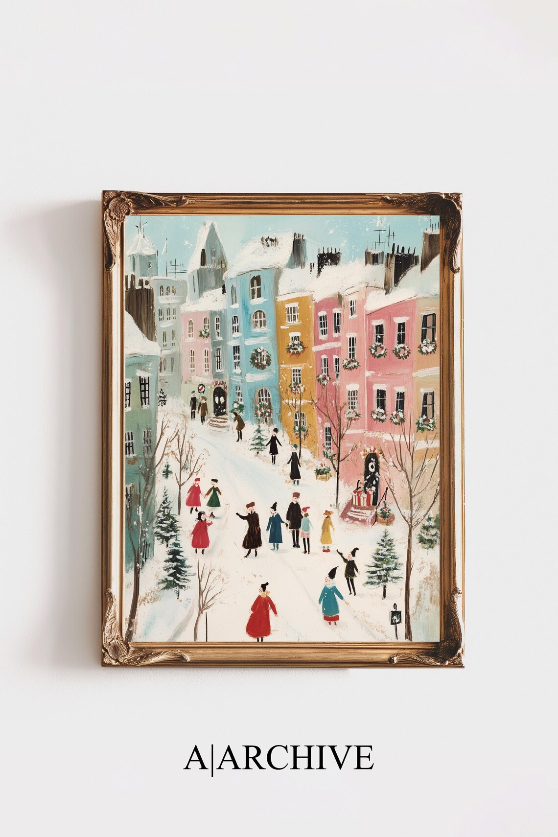 Colorful Pastel Christmas Street Carolers Wreaths Winter Town Poster