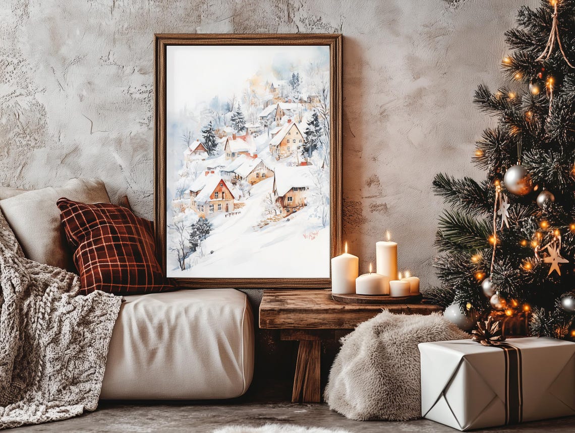 Watercolor Winter Village Hillside Snow Scene Rustic Christmas Poster - Image 3