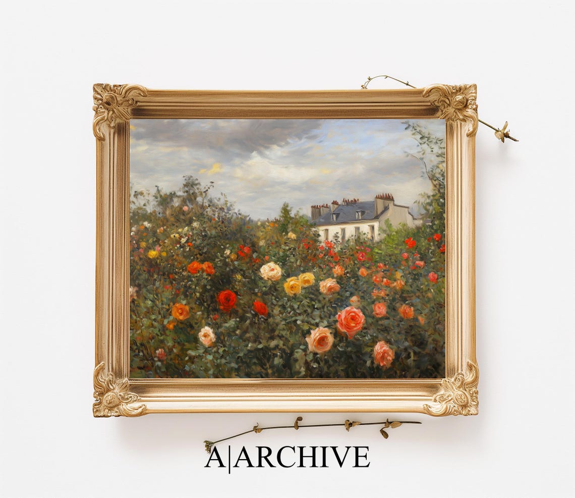 Rose Garden in Full Bloom Under Stormy Sky Vintage Art Poster - Image 2