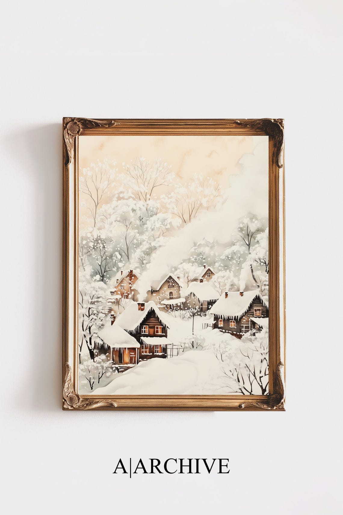 Rustic Winter Cabins Snow Scene Watercolor Christmas Holiday Poster