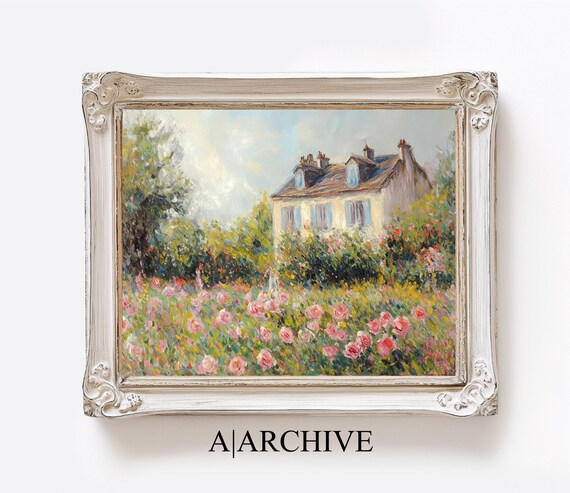Cottage Behind a Field of Pink Roses Vintage Oil Painting Poster