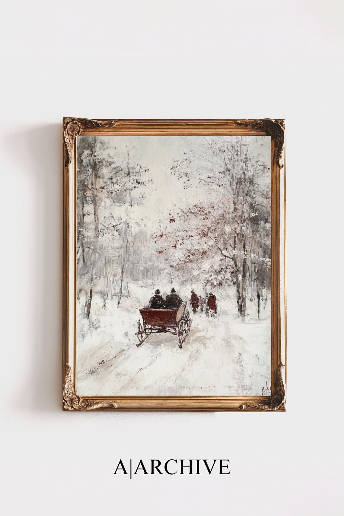 Vintage Horse Sleigh Snowy Forest Path Winter Christmas Poster