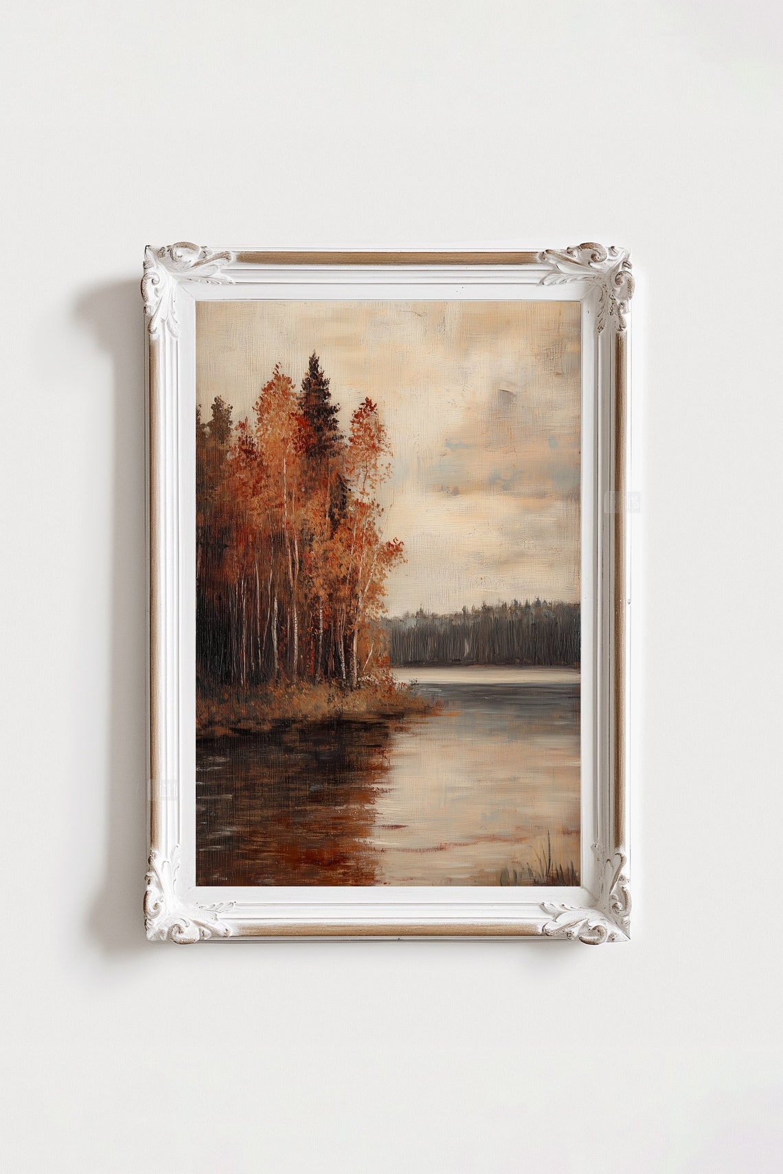 Autumn Lake Painting Orange Birch Trees Moody Fall Landscape Print - Image 4