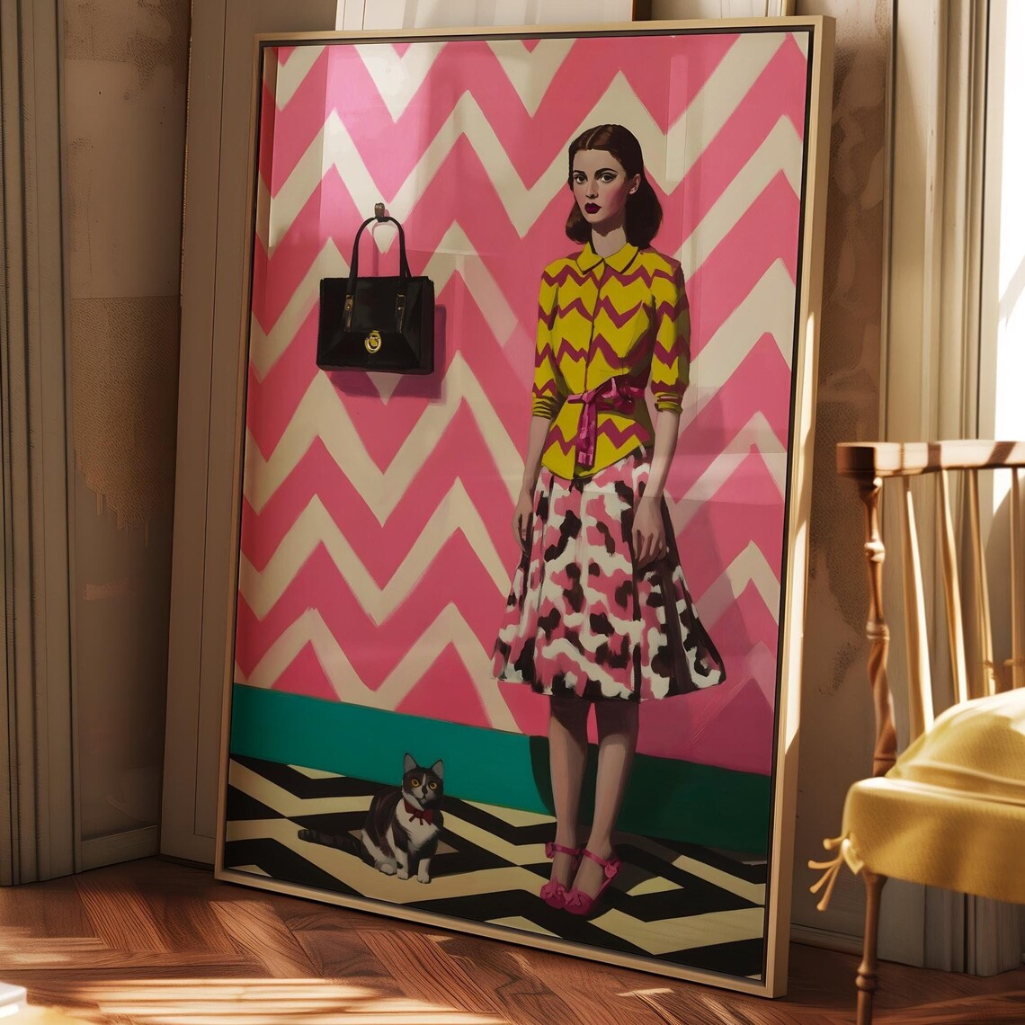 Fashionable Woman in Chevron Dress With a Cat Pop Art Poster - Image 4