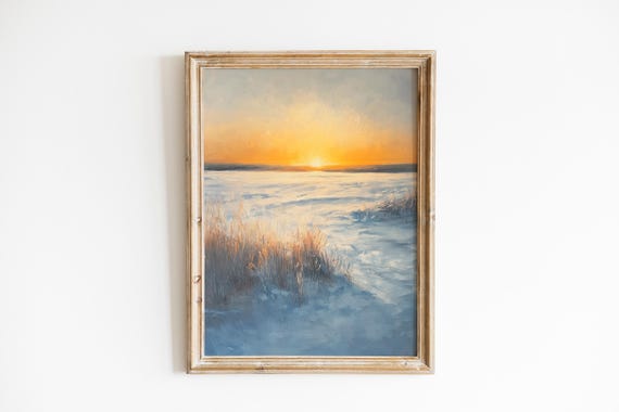 Dawn Over Snowcovered Field Print Serene Winter Landscape Art Glowing Sunrise Scene Cozy Wall Decor 301